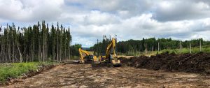 A couple of excavators digging dirt in a forest